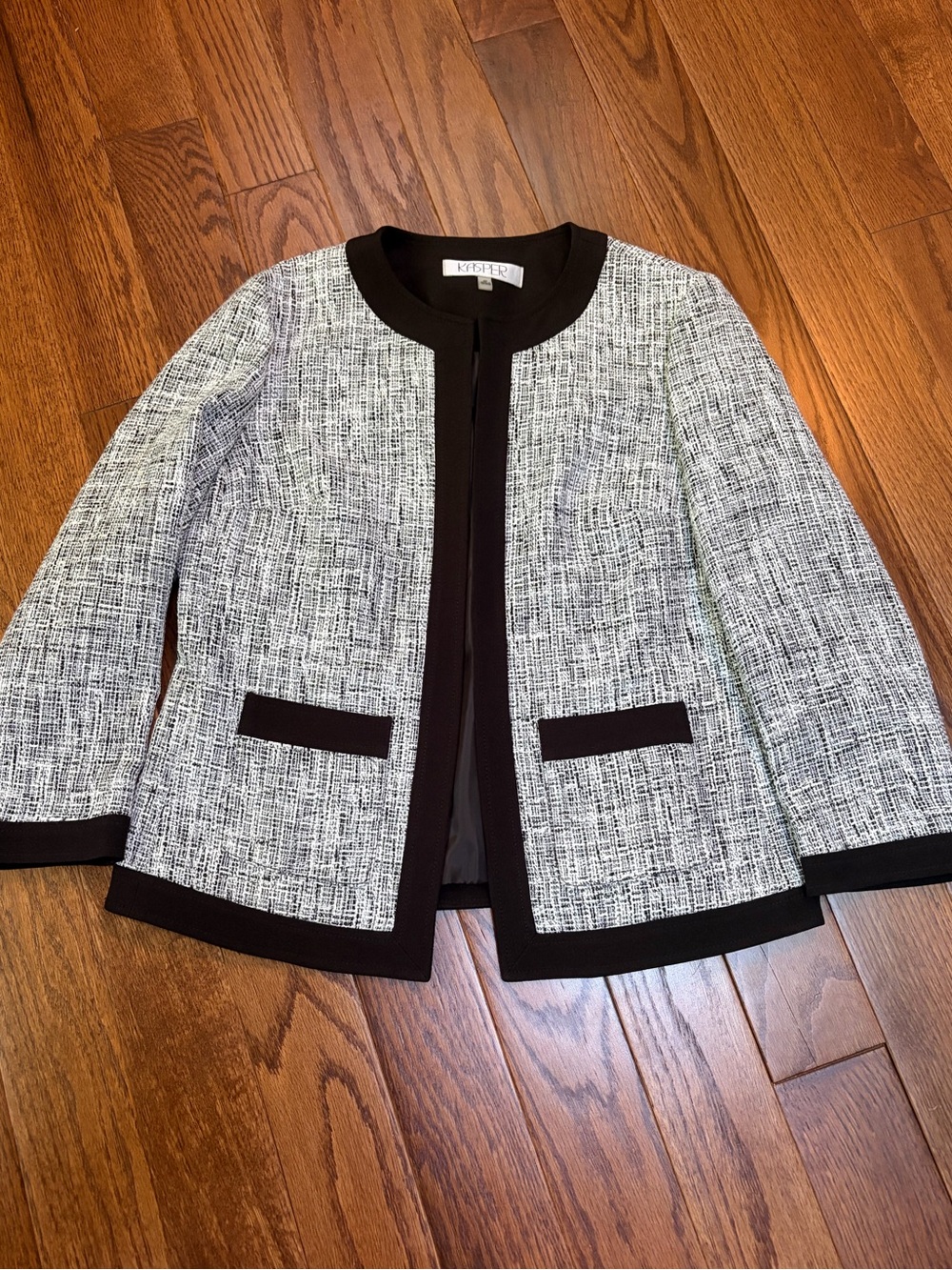 Kasper Black & White Tweed Framed Open-Front Blazer Jacket Size 4P